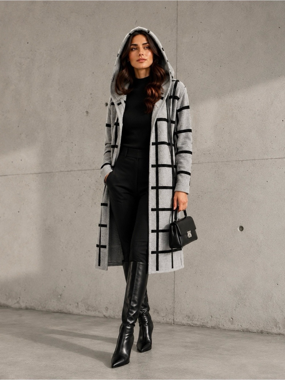 Long Hooded Grid-Pattern Cardigan - Gray/Black Size S